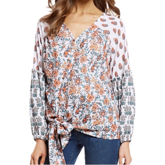 ONE WORLD Tops - One World White Floral Tie Front Peasant Shirt NEW